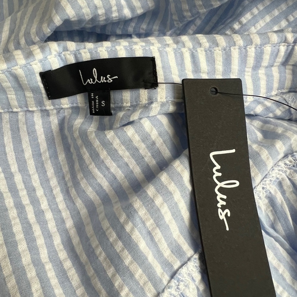 Lulus Blue White Striped Seersucker Tie Collared Midi Dress Size Small NWT - Picture 7 of 11